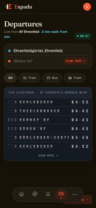 Expadu live departures board in dark mode